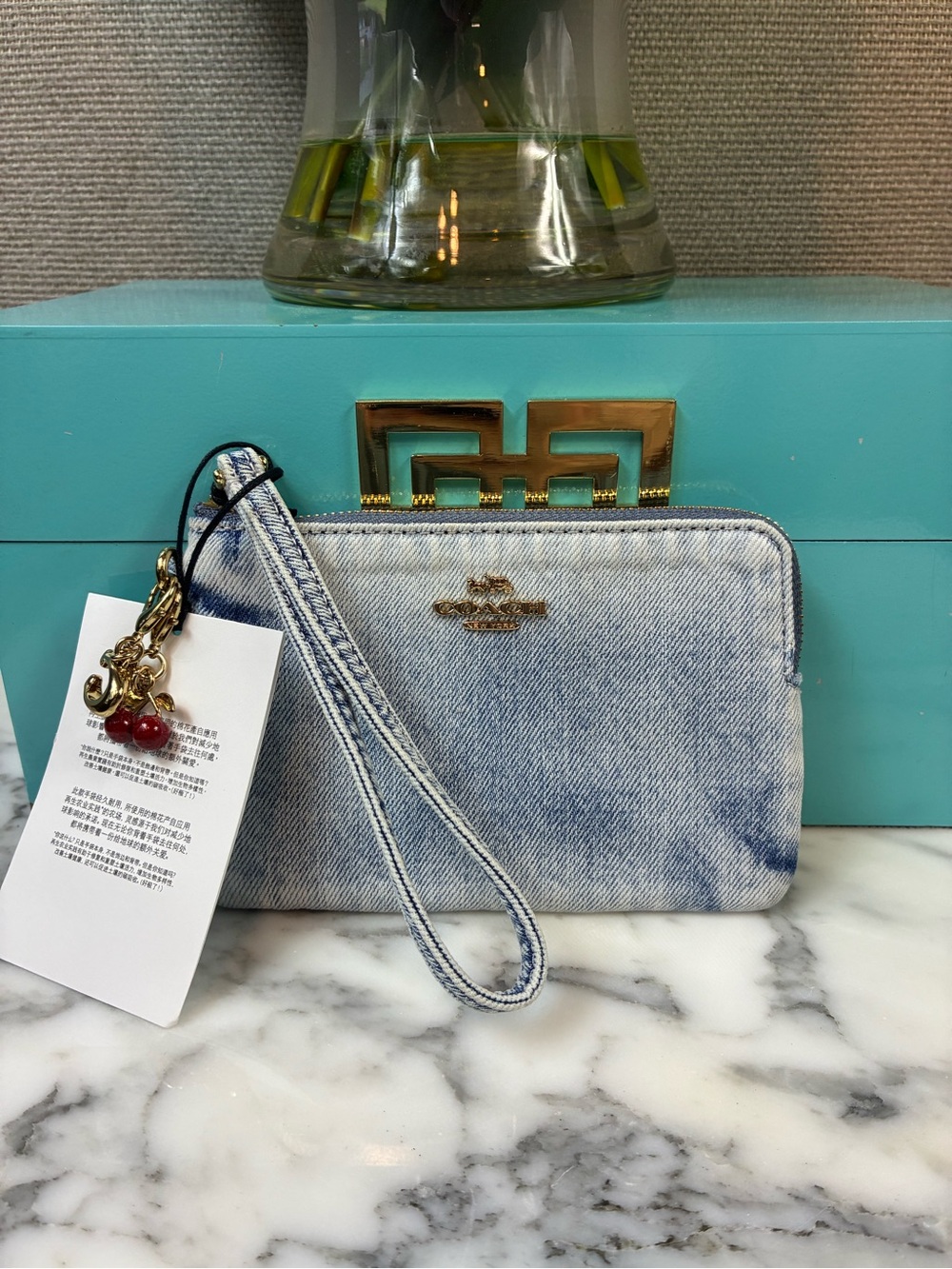 Coach CEF82 Light Indigo Blue Denim Wristlet - NWT w/ Cute Cherry Charm 🍒
